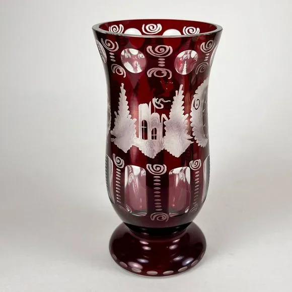 Vtg Egermann Vase Bohemian Ruby Red Cut To Clear Etched Glass Castle Bird Czech